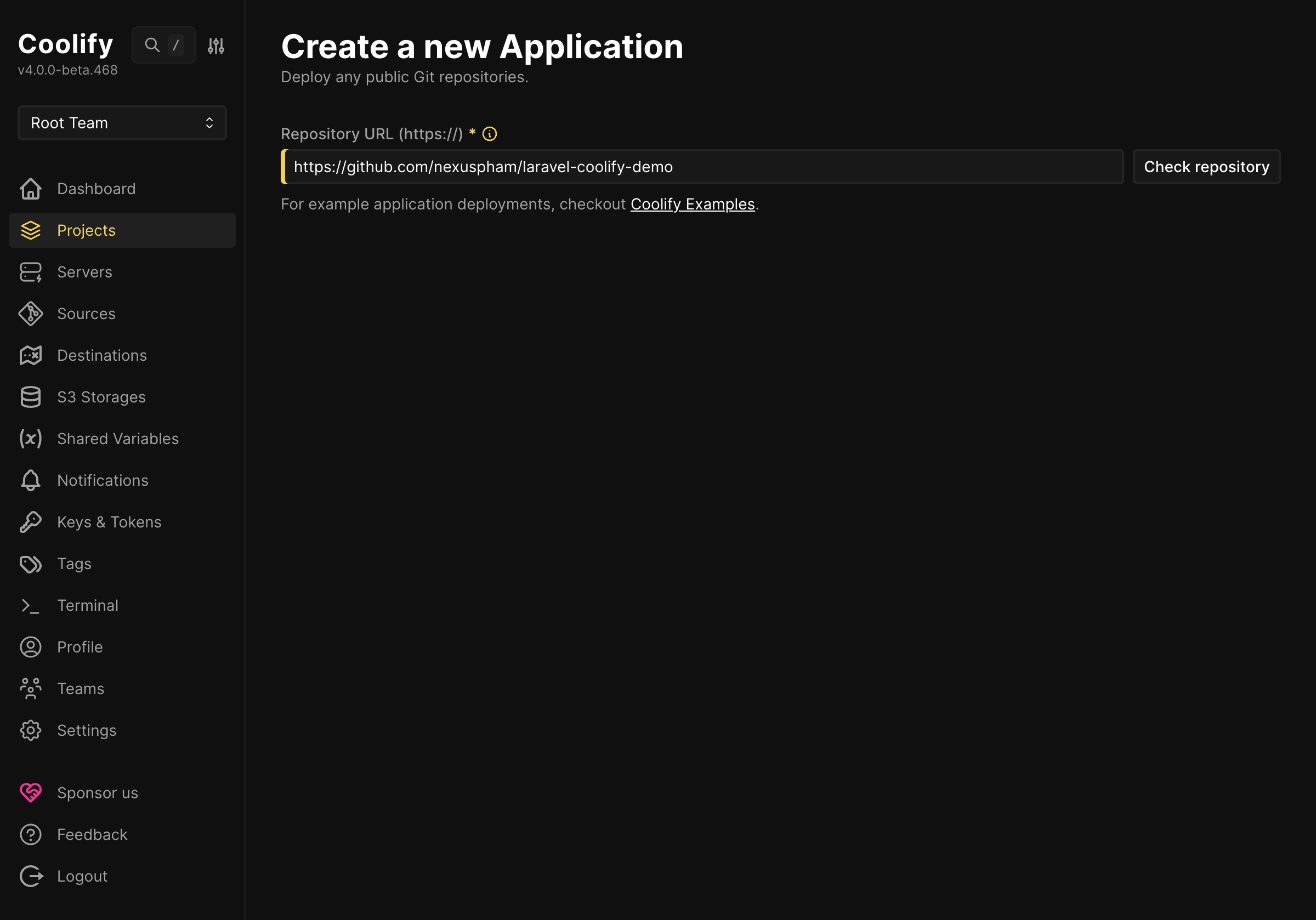 Hướng dẫn deploy Laravel lên Coolify từ local lên server với CI/CD cơ bản 4 Thông tin GitHub repository đã được điền trên Coolify