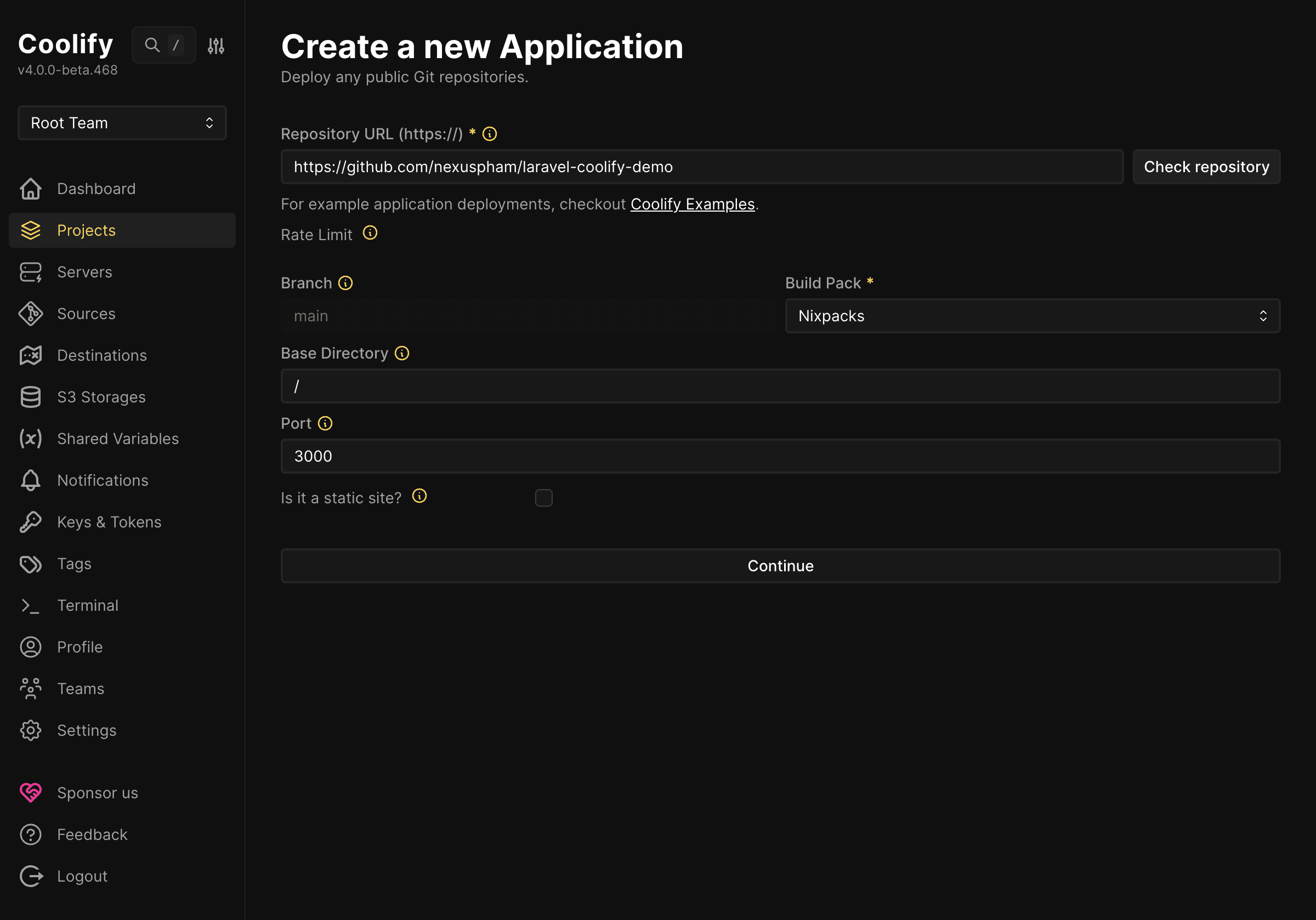 Hướng dẫn deploy Laravel lên Coolify từ local lên server với CI/CD cơ bản 5 Coolify kiểm tra repository thành công