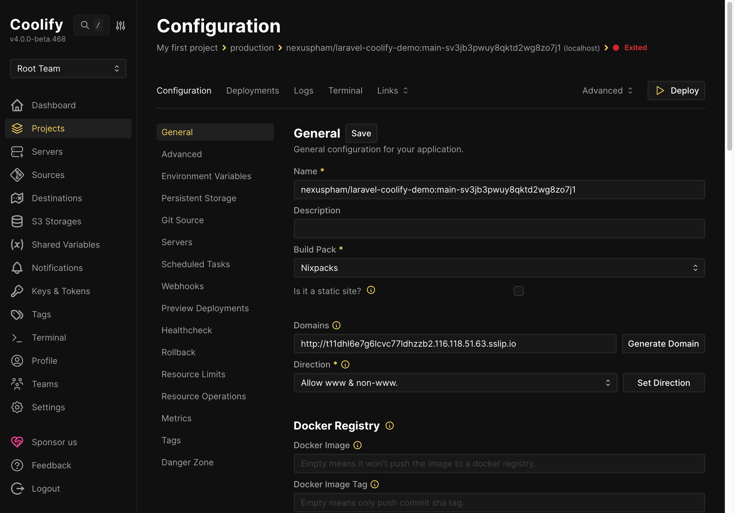Hướng dẫn deploy Laravel lên Coolify từ local lên server với CI/CD cơ bản 6 Trang cấu hình application Laravel trên Coolify