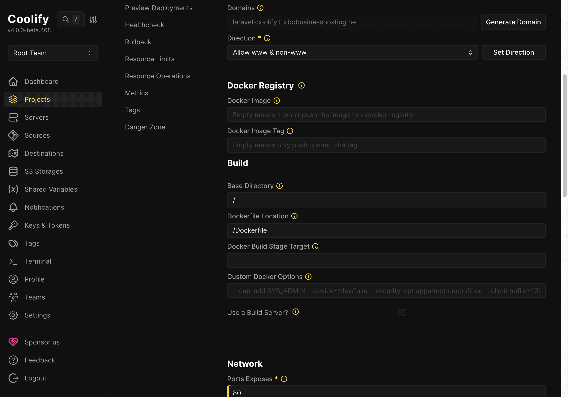 Hướng dẫn deploy Laravel lên Coolify từ local lên server với CI/CD cơ bản 7 Cấu hình application trước khi lưu trên Coolify