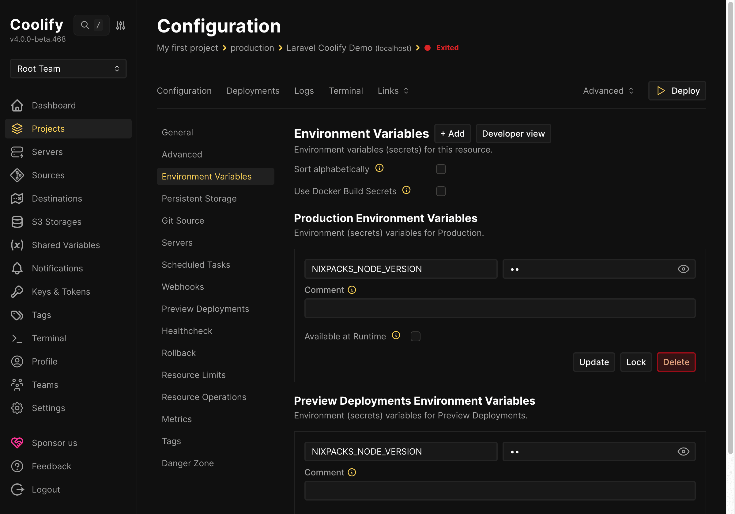 Hướng dẫn deploy Laravel lên Coolify từ local lên server với CI/CD cơ bản 8 Tab biến môi trường trên Coolify