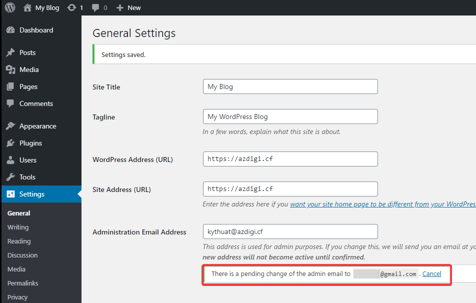 Hướng dẫn thay đổi email quản trị website và email người dùng trên WordPress 3 2 3