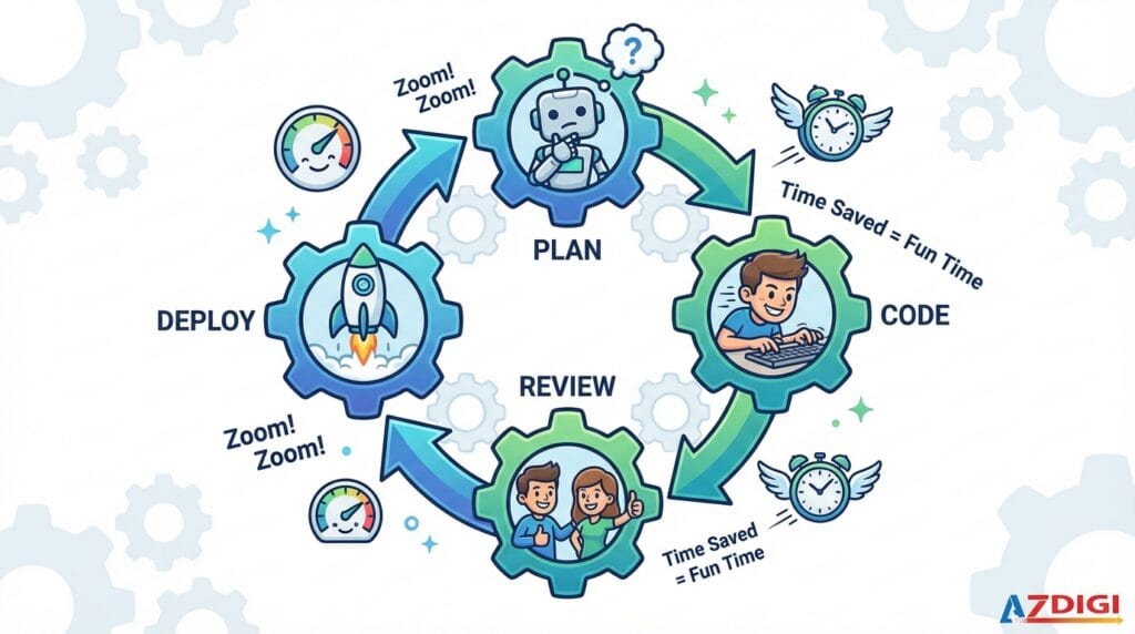 20 kinh nghiệm khi sử dụng Claude Code 2 Workflow optimization illustration. Circular flow diagram showing: Plan → Code → Review → Deploy cycle. Efficiency icons (speedometer, clock) indicating optimization. Gear mechanisms working together. Modern business process style. Gradient blues and greens indicating productivity/growth. Professional infographic aesthetic. 16:9 aspect ratio.