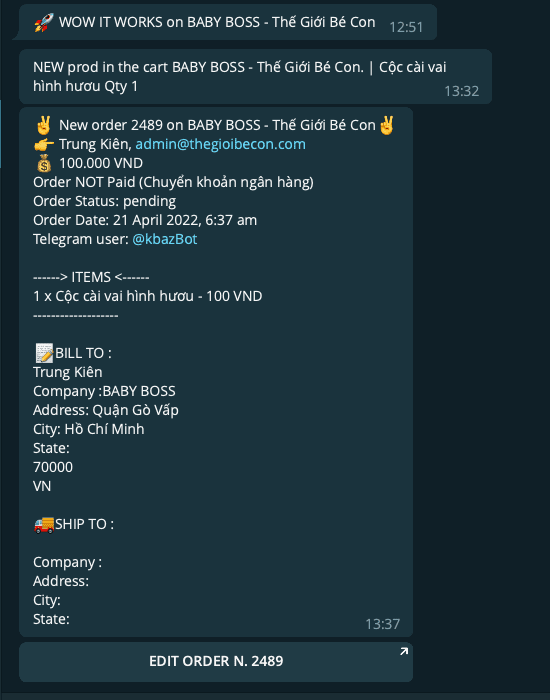 Thông báo đơn hàng Woocommerce qua Telegram 14 Thông báo đơn hàng Woocommerce qua Telegram