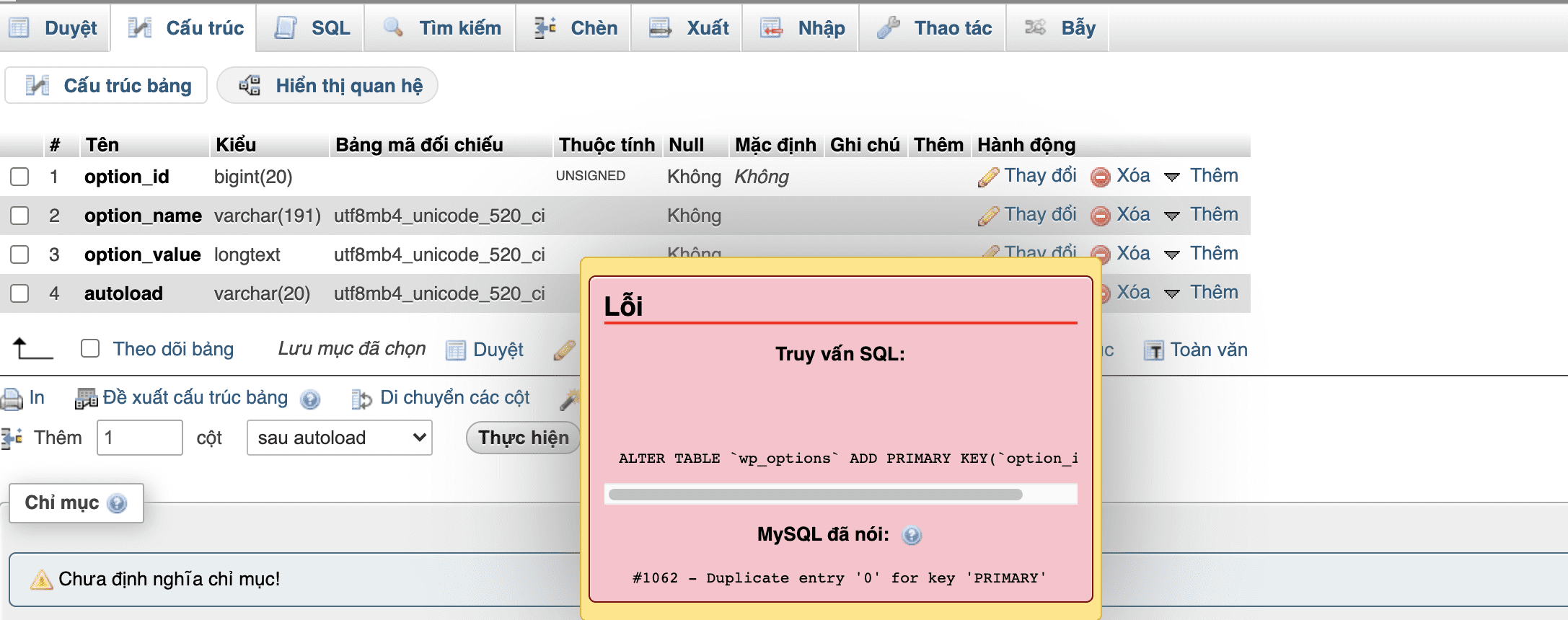 Sửa lỗi Table Database thiếu khóa chính (Primary Key) trên WordPress 2 Table Database thiếu khóa chính