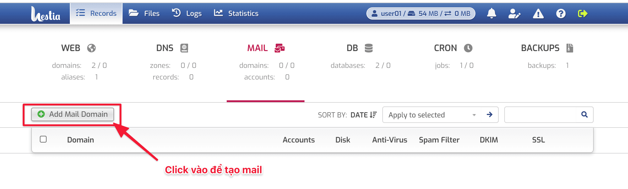 tạo Email trên HestiaCP