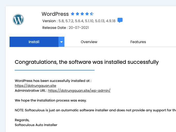 Cài WordPress tự động với Softaculous trên cPanel 9 Screenshot 2021 07 27 at 09.06.14