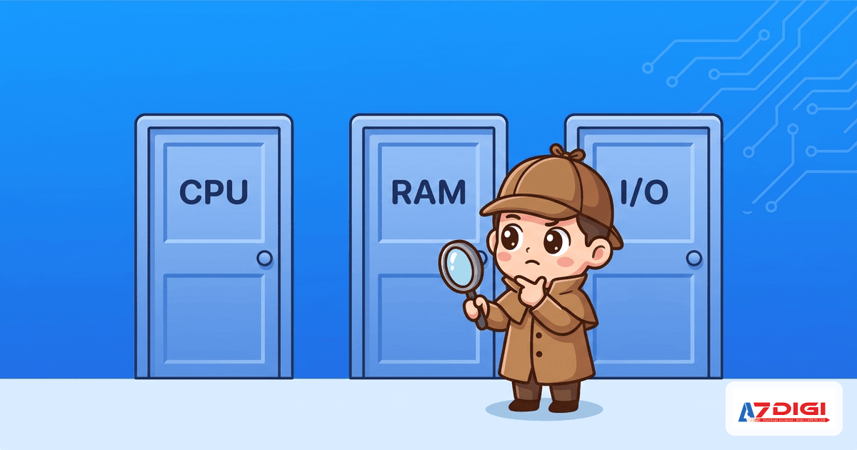Load Average cao trên Linux Server: Chẩn đoán và xử lý 3 Detective choosing between CPU, RAM, I/O investigation doors