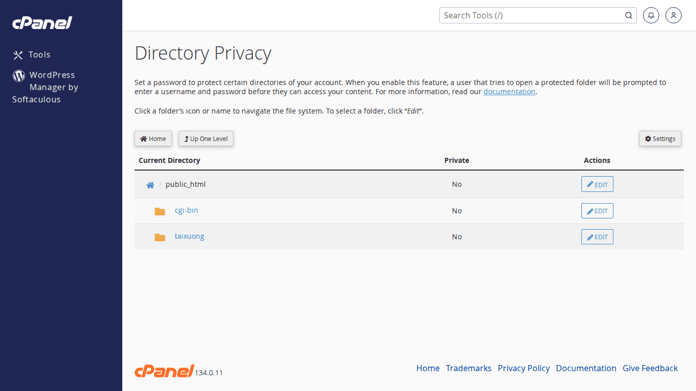 Directory Privacy hiển thị danh sách thư mục trong public_html