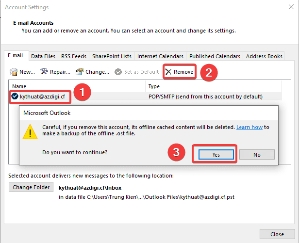 Hướng dẫn xoá tài khoản Email trên Outlook 9 deleteout8