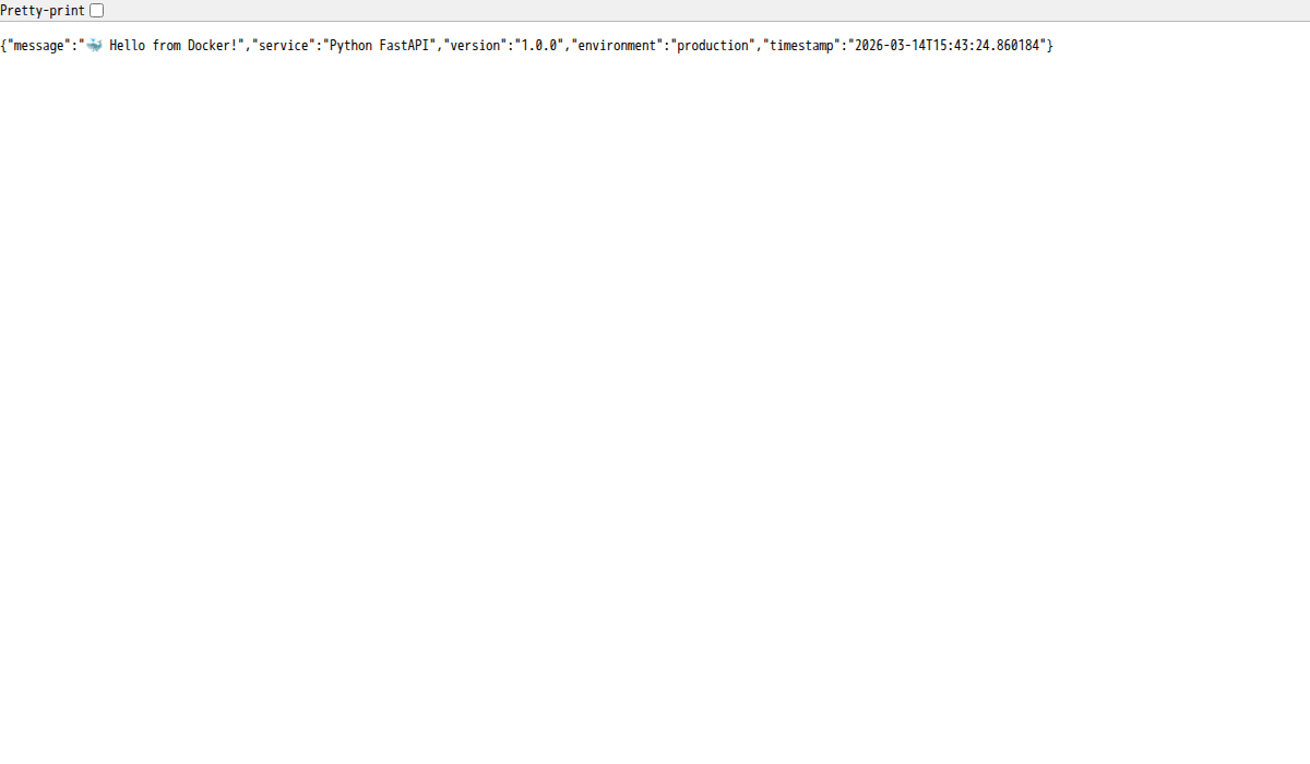 Deploy ứng dụng Node.js / Python với Docker Compose 4 Python FastAPI response trên Docker