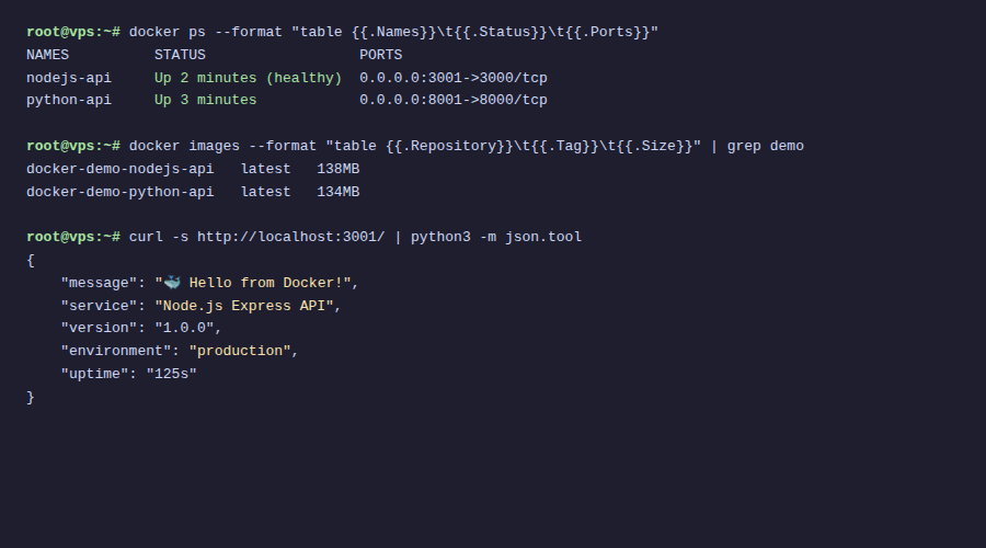 Deploy ứng dụng Node.js / Python với Docker Compose 6 Docker ps và curl test API