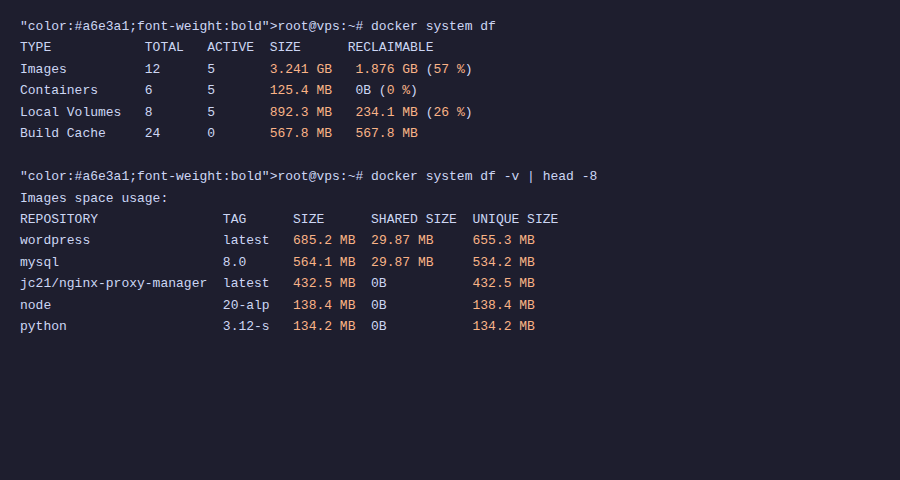 Monitoring Docker với Portainer, Uptime Kuma và cAdvisor 6 Docker system df disk usage