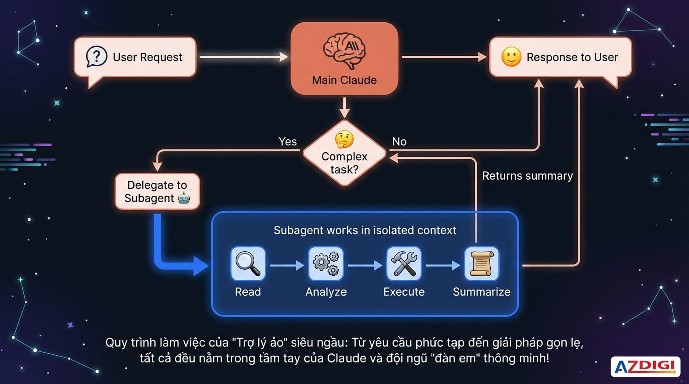 Hướng dẫn dùng Subagents trong Claude để tạo trợ lý AI thông minh 2 Luồng hoạt động của Subagent trong Claude Code