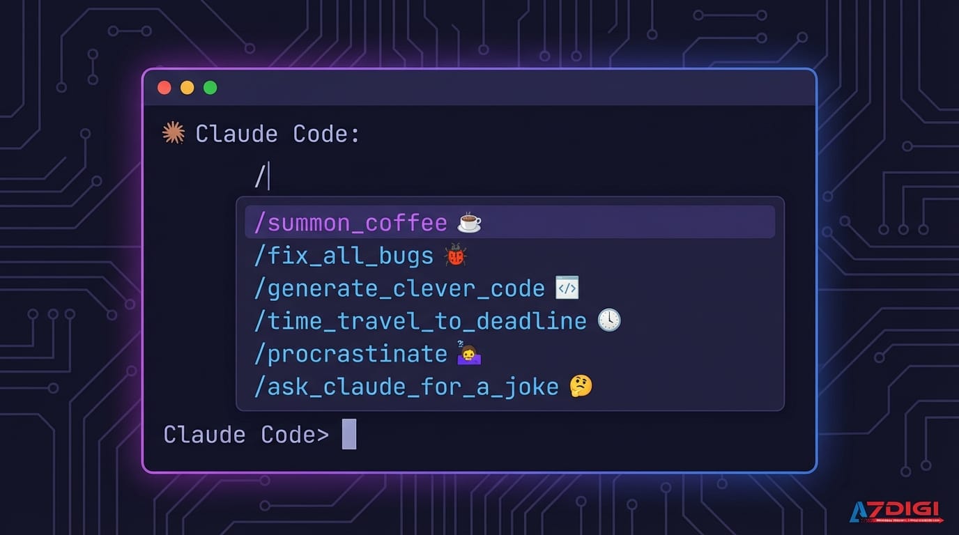 Hướng dẫn toàn diện về Slash Commands trong Claude Code 2 A clean, modern illustration showing a developer's terminal with Claude Code interface. The terminal displays a slash command menu with several options visible. Use a dark theme with purple and blue accent colors. Minimalist tech style, no text overlay needed.