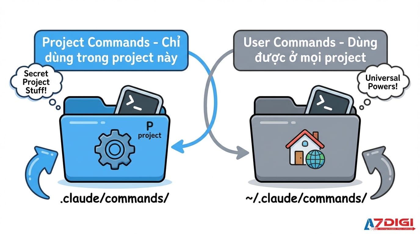 Hướng dẫn toàn diện về Slash Commands trong Claude Code 3 A simple diagram showing two folder locations for Claude Code commands. On the left side, show a project folder icon with path '.claude/commands/' labeled 'Project Commands - Chỉ dùng trong project này'. On the right side, show a home folder icon with path '~/.claude/commands/' labeled 'User Commands - Dùng được ở mọi project'. Use clean icons, arrows, and minimal colors (blue and gray). White background, Vietnamese labels.