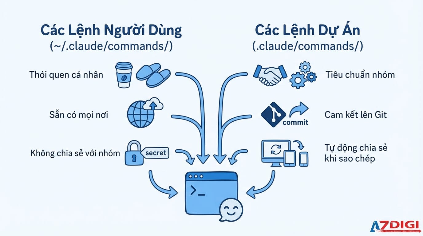Hướng dẫn toàn diện về Slash Commands trong Claude Code 7 A workflow diagram showing two parallel tracks. Left track labeled 'User Commands (~/.claude/commands/)' shows: Personal habits → Available everywhere → Not shared with team. Right track labeled 'Project Commands (.claude/commands/)' shows: Team standards → Committed to Git → Auto-shared when clone. Both tracks converge to a Claude Code terminal icon at the bottom. Use simple icons and arrows, blue color scheme, clean white background, Vietnamese text labels