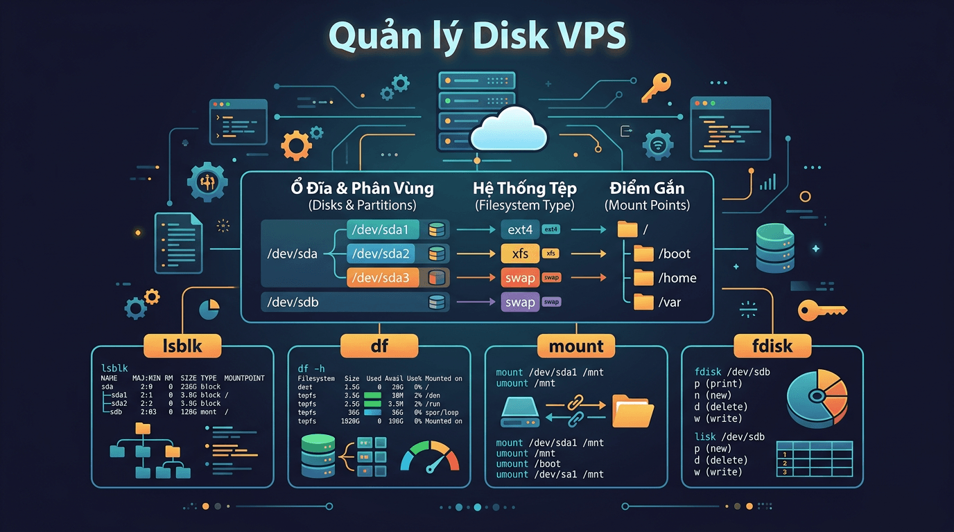 Quản lý disk trên Linux VPS – kiểm tra dung lượng, mount, lsblk, fdisk và mở rộng ổ đĩa 1 linux b13 disk