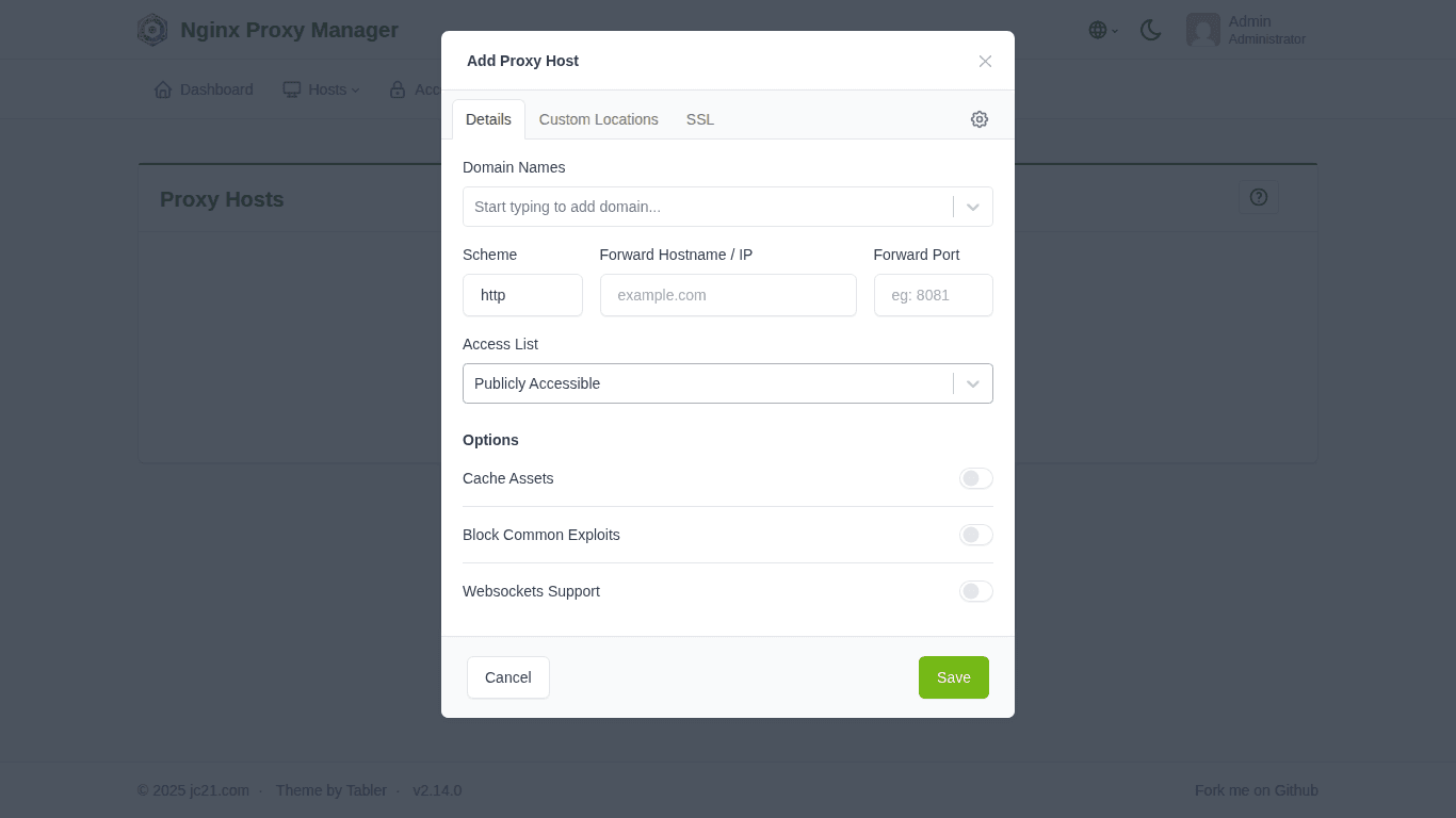 Reverse Proxy với Nginx Proxy Manager + SSL tự động 6 Form thêm Proxy Host mới trên NPM
