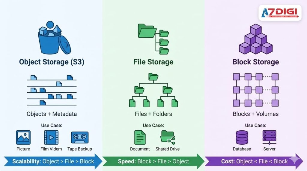 Sự khác biệt giữa Object Storage, File Storage và Block Storage