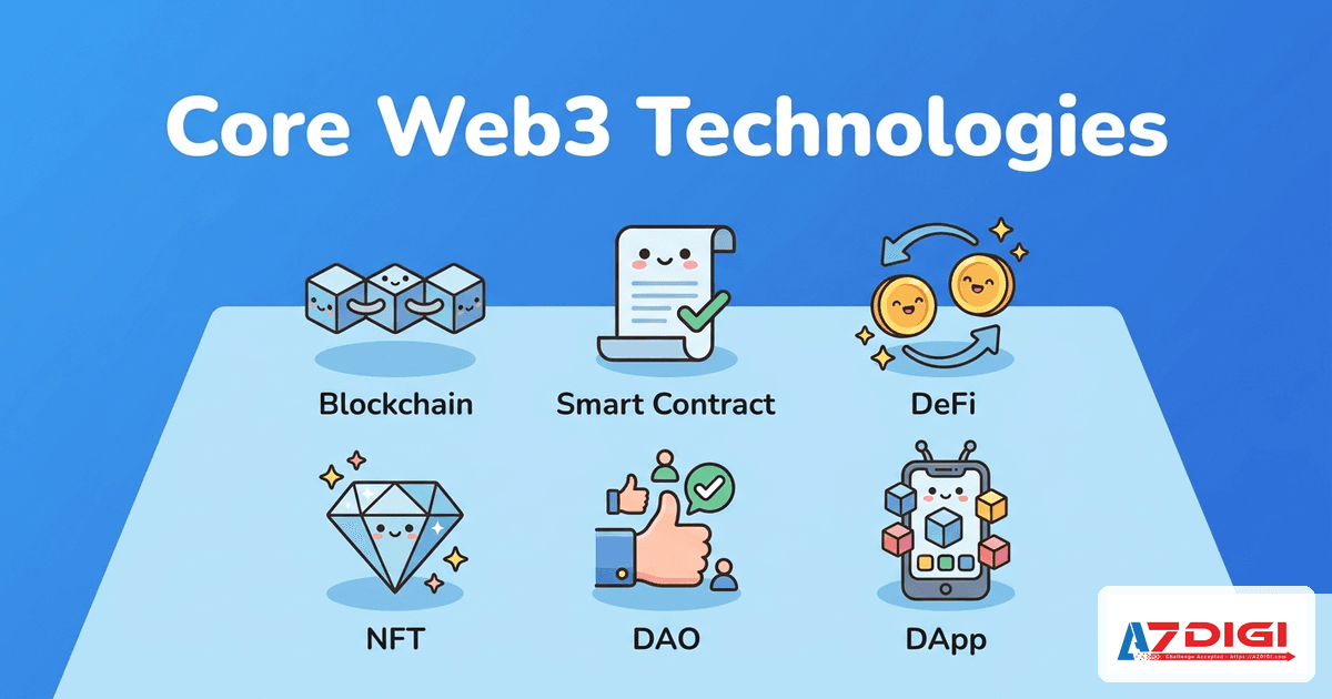 Web3 là gì? Toàn bộ kiến thức từ A đến Z cho người mới 4 Các công nghệ cốt lõi của Web3 blockchain smart contract DeFi NFT DAO
