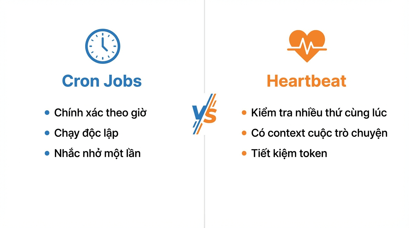Tự động hoá với OpenClaw: Cron Jobs, Heartbeats và Webhooks 3 So sánh Cron Jobs và Heartbeat trong OpenClaw