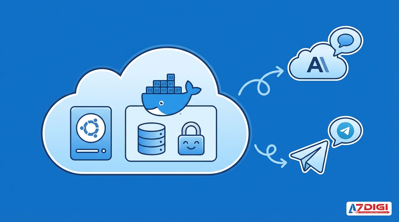 Cài OpenClaw lên VPS Việt Nam để chạy 24/7 2 A technical architecture diagram showing VPS deployment: A cloud server icon in the center with Docker container inside, connected to external services (Claude API, Telegram). Include icons for: Ubuntu server, Docker whale logo, database cylinder, secure lock. Clean infographic style with blue color scheme. Professional, minimal, no text labels. 16:9 aspect ratio.