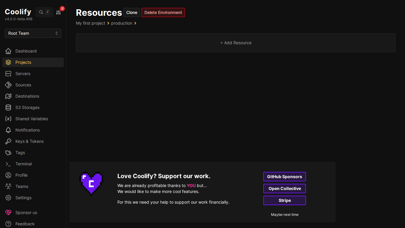 Giao diện Coolify- Hướng dẫn sử dụng Dashboard chi tiết 6 Environment Production trống trên Coolify