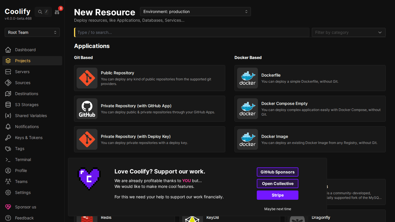 Giao diện Coolify- Hướng dẫn sử dụng Dashboard chi tiết 7 Trang thêm resource mới trên Coolify