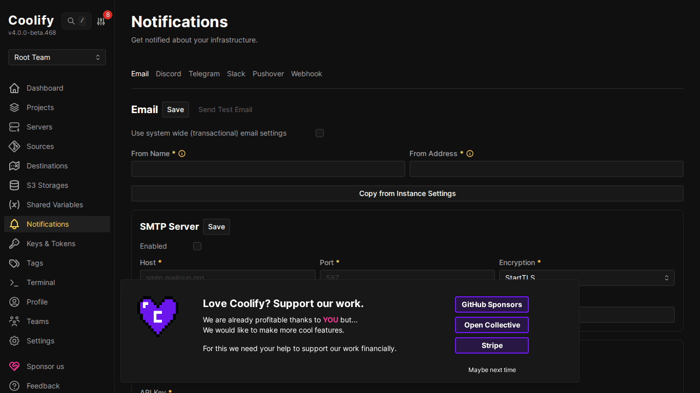Giao diện Coolify- Hướng dẫn sử dụng Dashboard chi tiết 10 Cấu hình Notifications trên Coolify