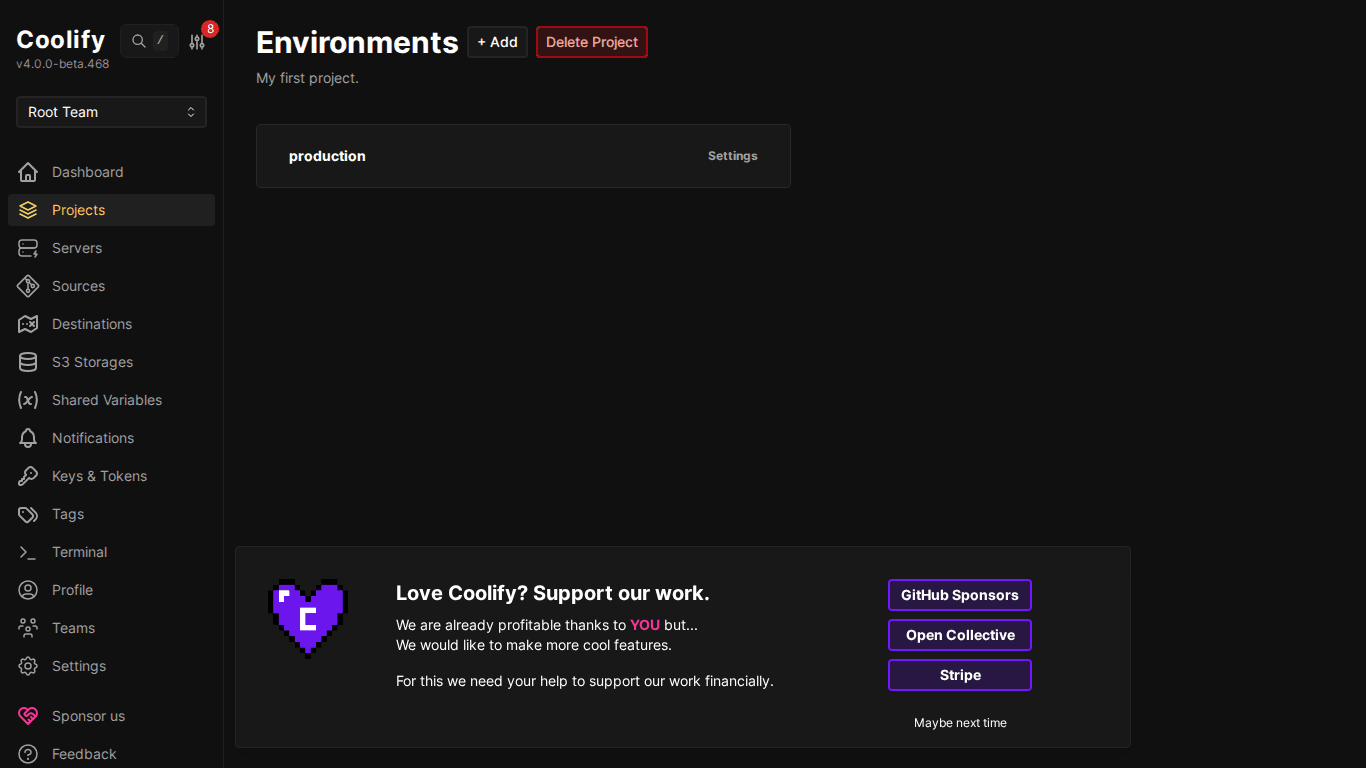 Giao diện Coolify- Hướng dẫn sử dụng Dashboard chi tiết 5 Project và Environments trên Coolify
