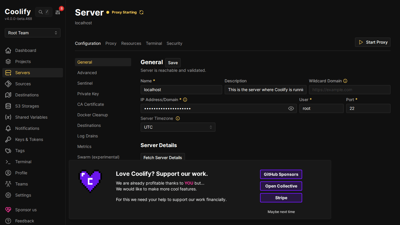 Giao diện Coolify- Hướng dẫn sử dụng Dashboard chi tiết 3 Chi tiết server localhost trên Coolify