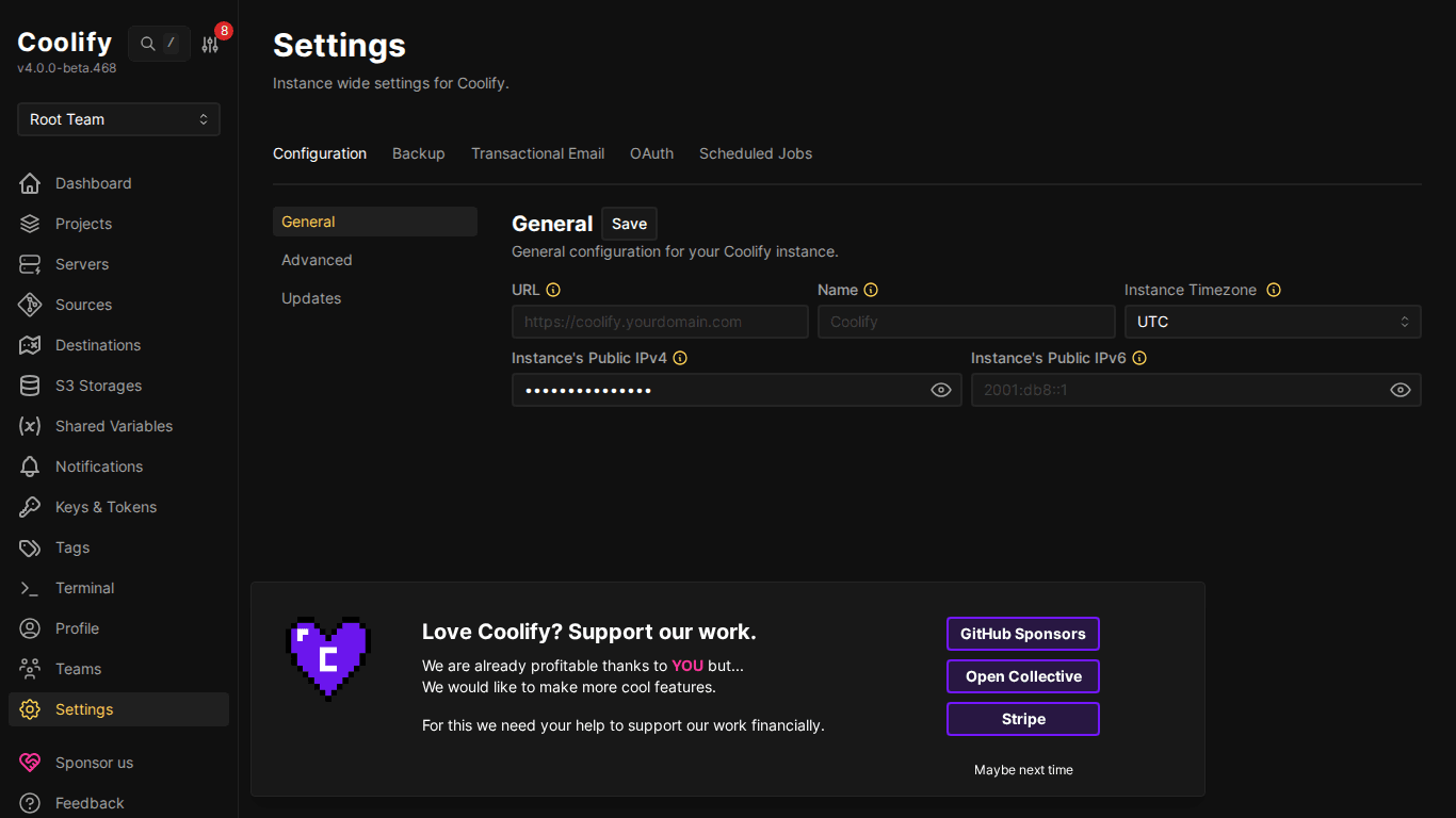 Giao diện Coolify- Hướng dẫn sử dụng Dashboard chi tiết 8 Trang Settings của Coolify