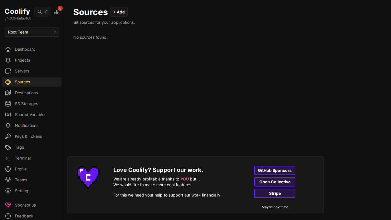 Giao diện Coolify- Hướng dẫn sử dụng Dashboard chi tiết 9 Sources - kết nối GitHub/GitLab trên Coolify