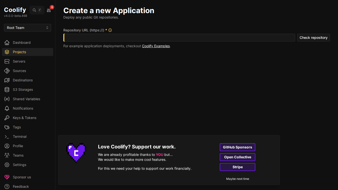 Deploy ứng dụng đầu tiên lên Coolify – Static Site & React/Vue SPA 3 Form nhập Repository URL trên Coolify
