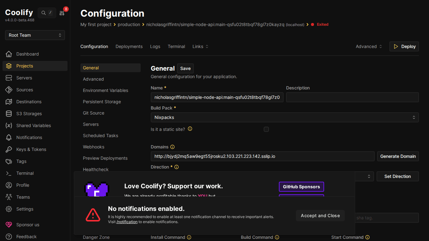 Deploy Node.js, Python, PHP lên Coolify 3 Trang cấu hình ứng dụng Node.js trên Coolify