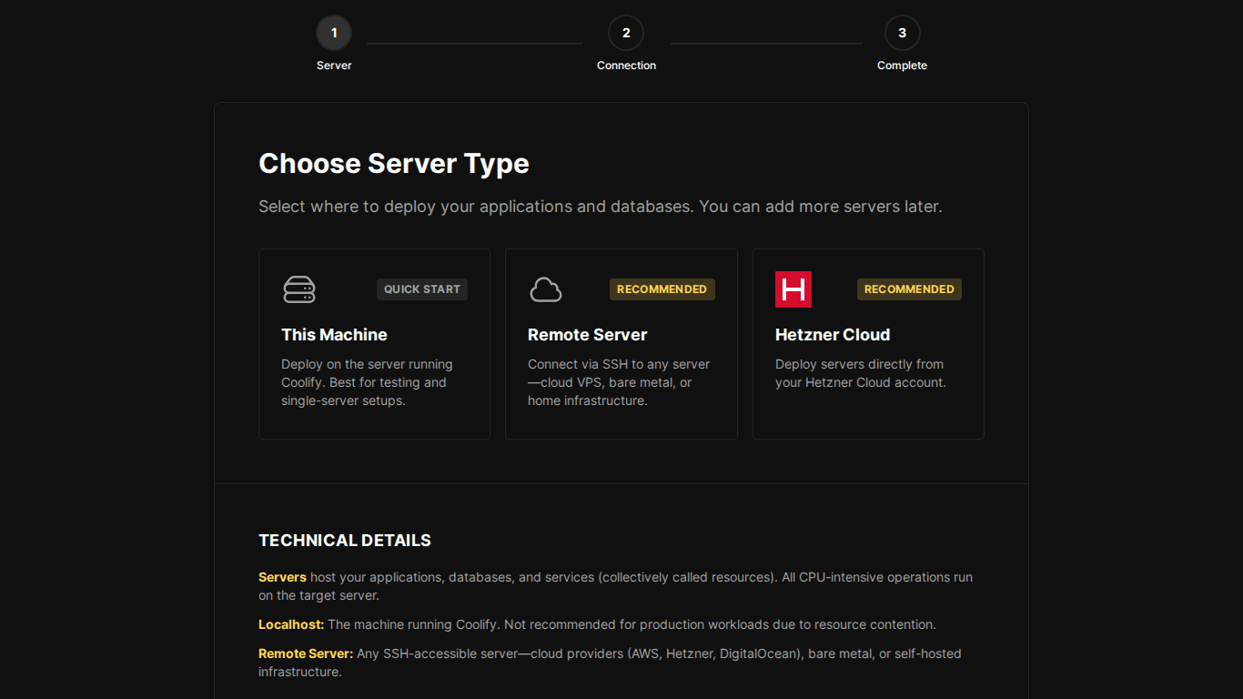 Cài đặt Coolify trên VPS – Hướng dẫn chi tiết 3 Chọn loại server trong onboarding Coolify