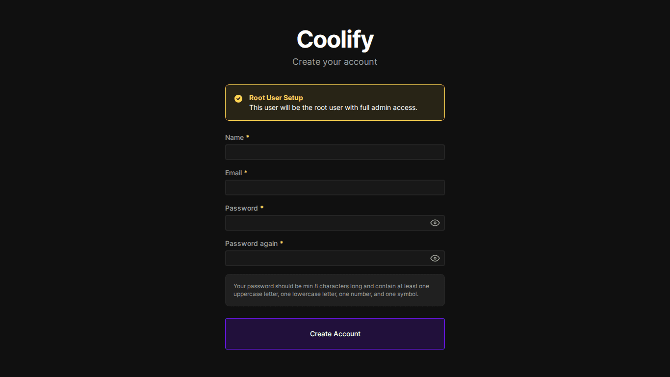 Cài đặt Coolify trên VPS – Hướng dẫn chi tiết 2 Trang đăng ký admin account Coolify