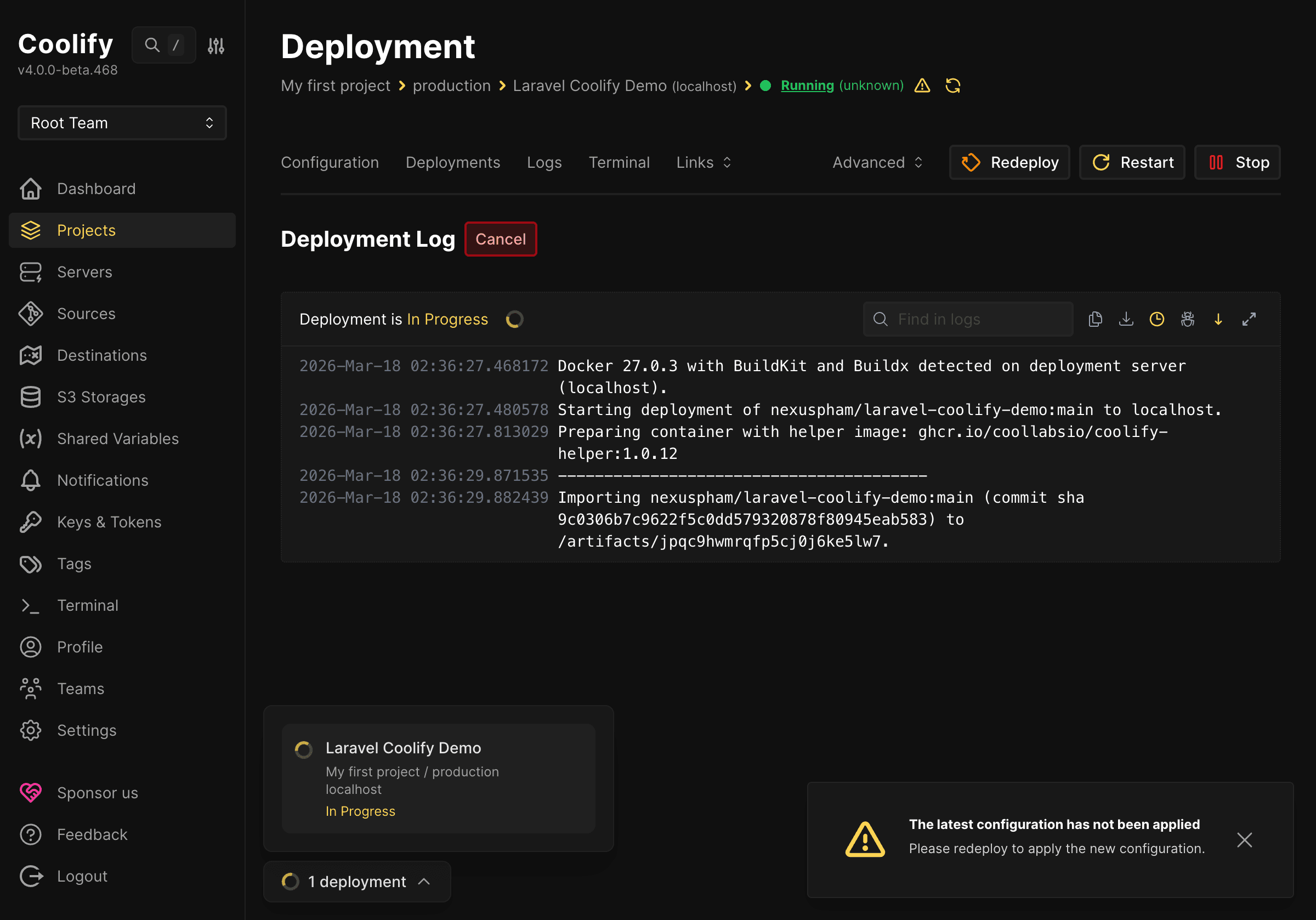 Hướng dẫn deploy Laravel lên Coolify từ local lên server với CI/CD cơ bản 9 Thao tác redeploy ứng dụng Laravel trên Coolify