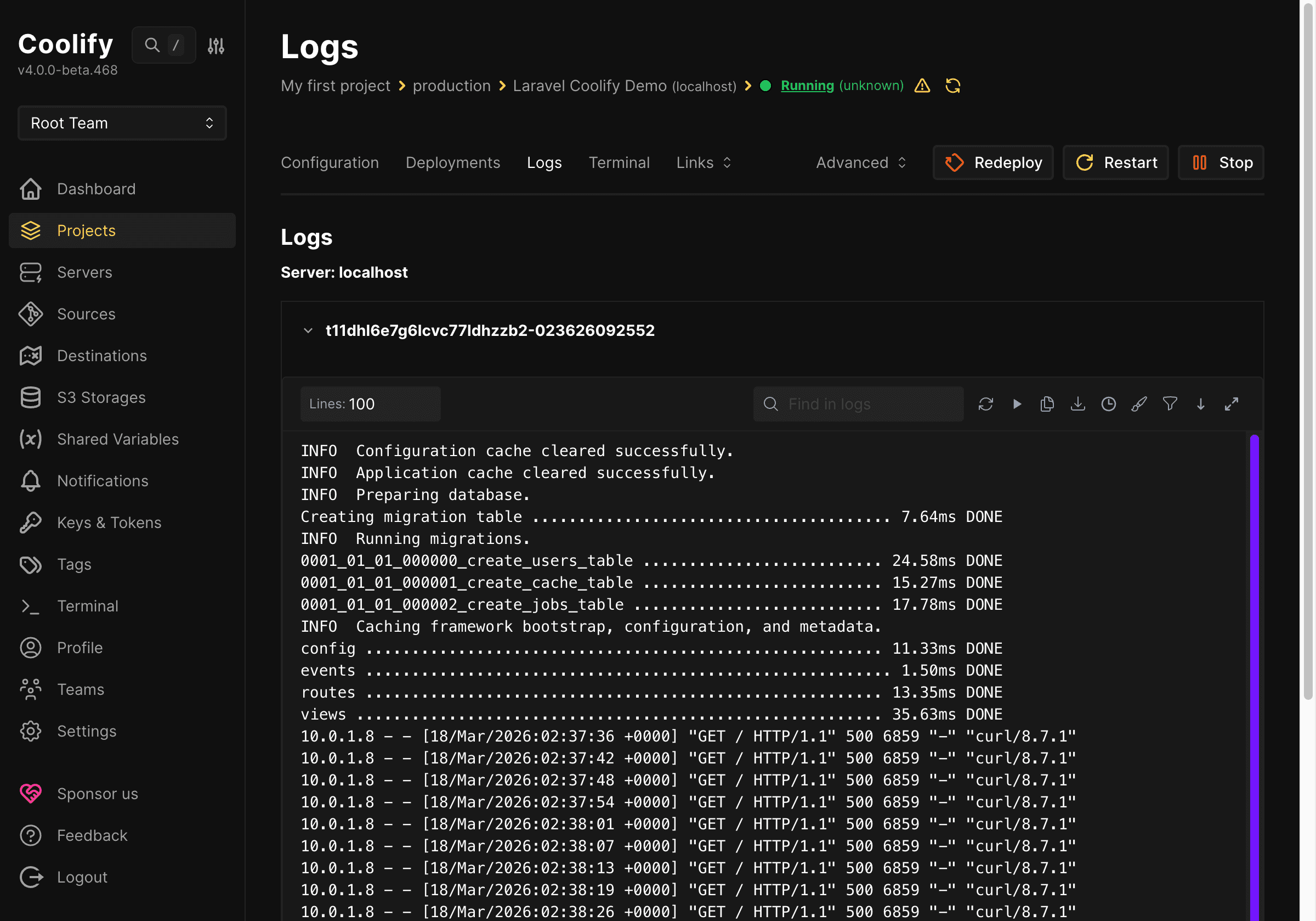 Hướng dẫn deploy Laravel lên Coolify từ local lên server với CI/CD cơ bản 10 Tab logs dùng để kiểm tra lỗi build và runtime trên Coolify