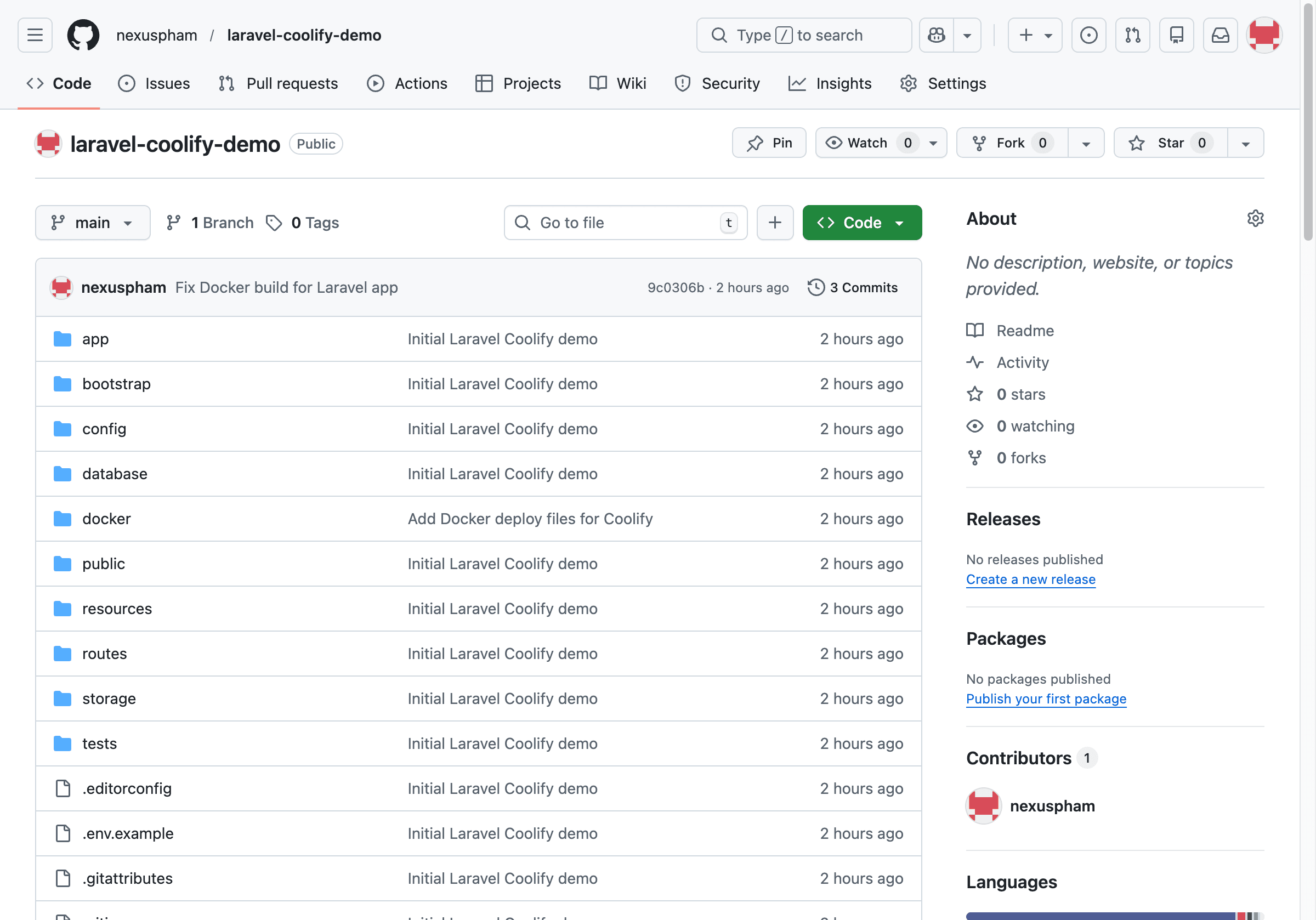 Hướng dẫn deploy Laravel lên Coolify từ local lên server với CI/CD cơ bản 1 GitHub repository của dự án Laravel Coolify Demo