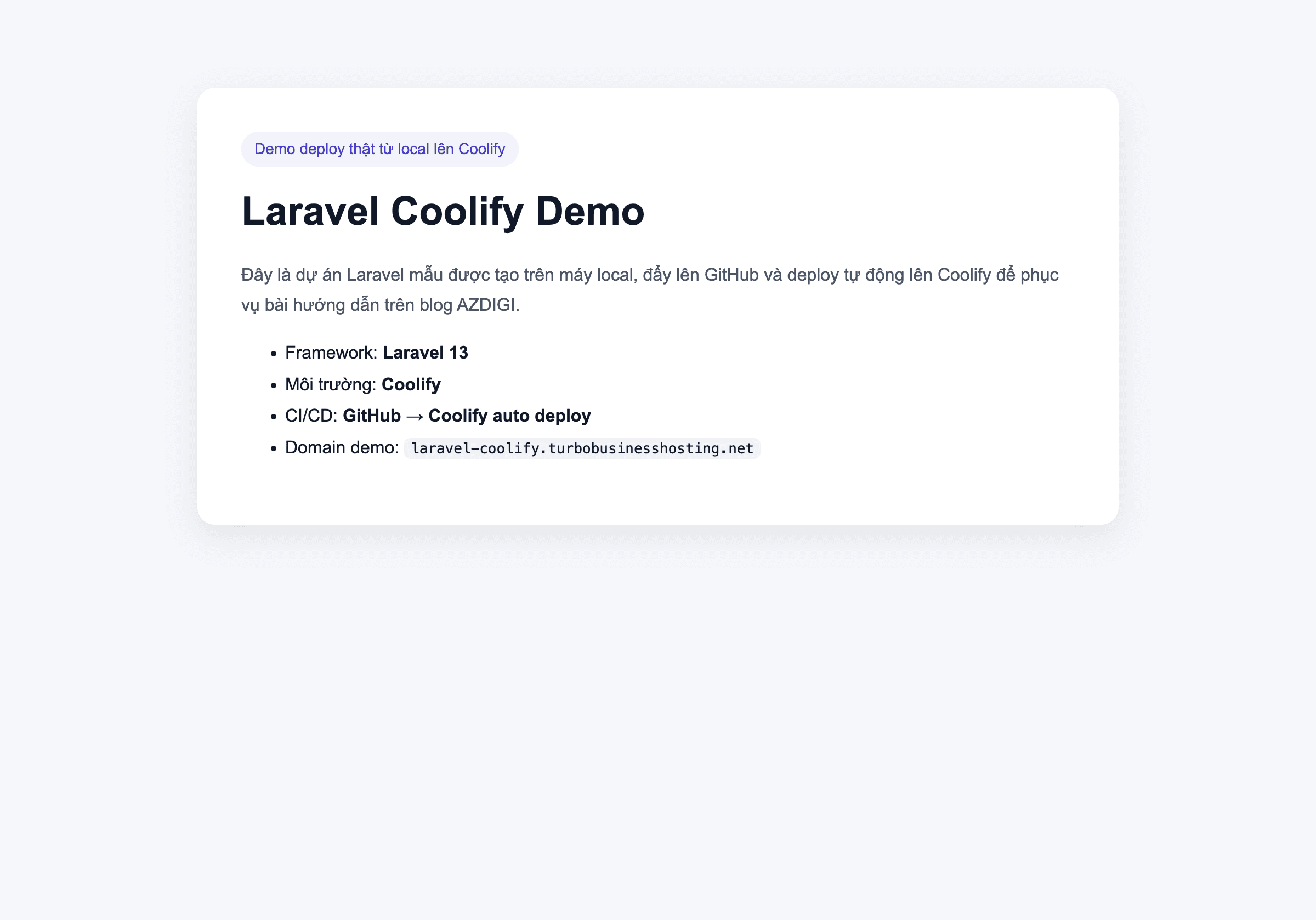 Hướng dẫn deploy Laravel lên Coolify từ local lên server với CI/CD cơ bản 12 Website Laravel sau khi deploy thành công và truy cập được qua URL public