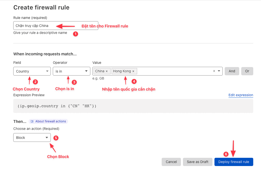 Hướng dẫn chống DDoS và cấu hình bảo mật trên Cloudflare 5 Tạo Firewall Rule chặn theo quốc gia