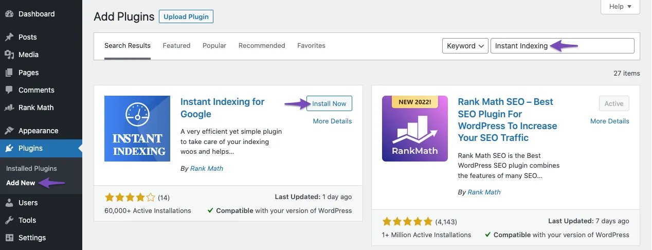 Index bài viết ngay lập tức với Rank Math SEO 18 Insall Instant Indexing plugin 1