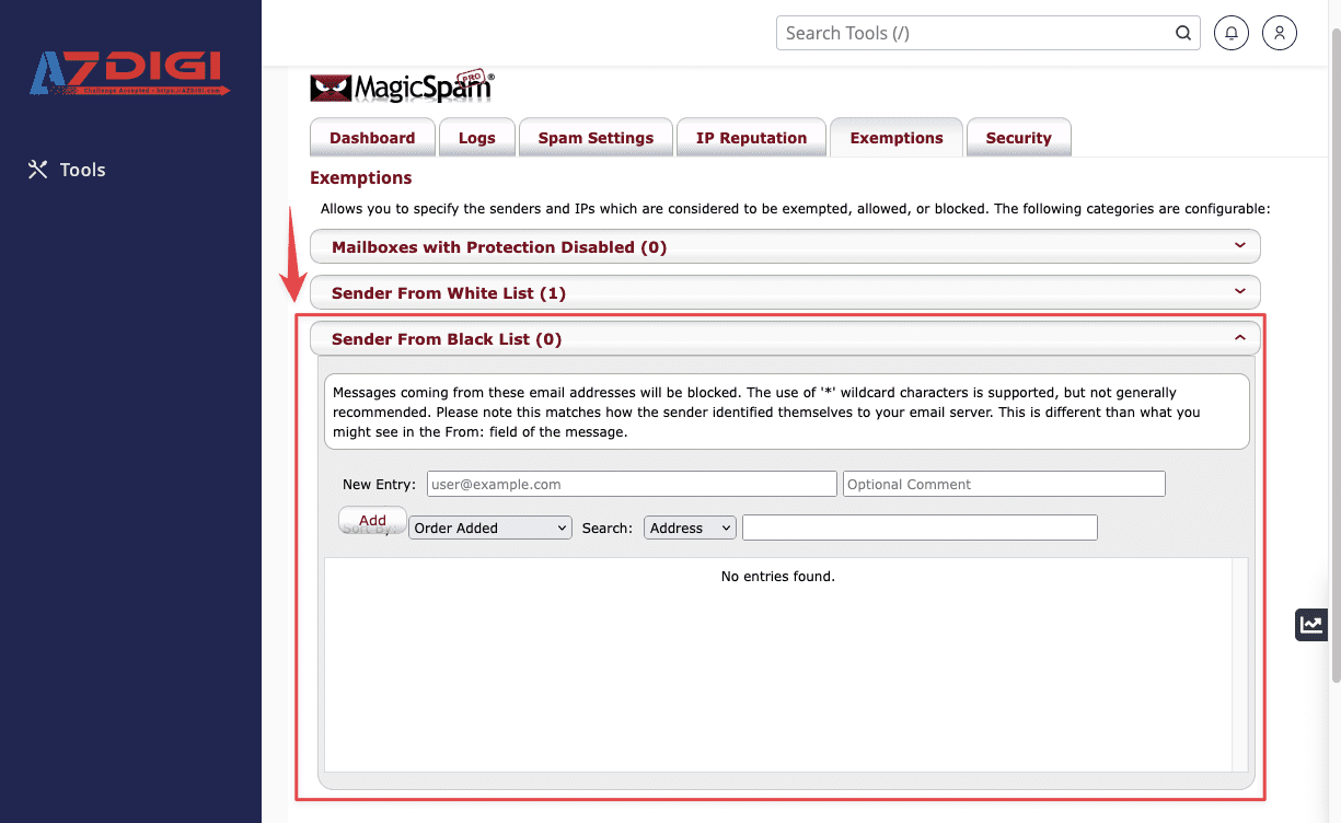 Hướng dẫn cấu hình Whitelist/Blacklist với MagicSpam 8 Sender From Blacklist
