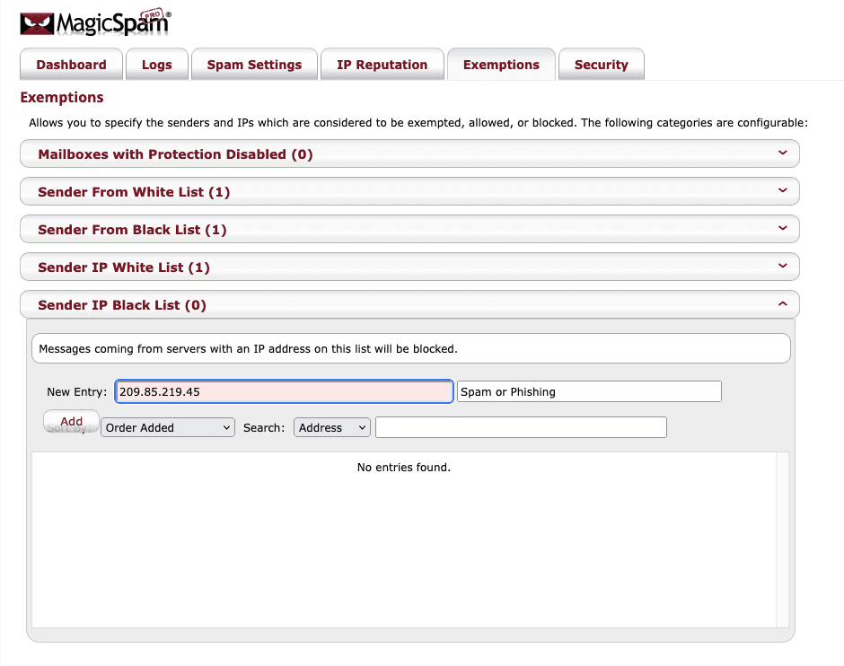 Hướng dẫn cấu hình Whitelist/Blacklist với MagicSpam 15 add IP blackilist 1 1