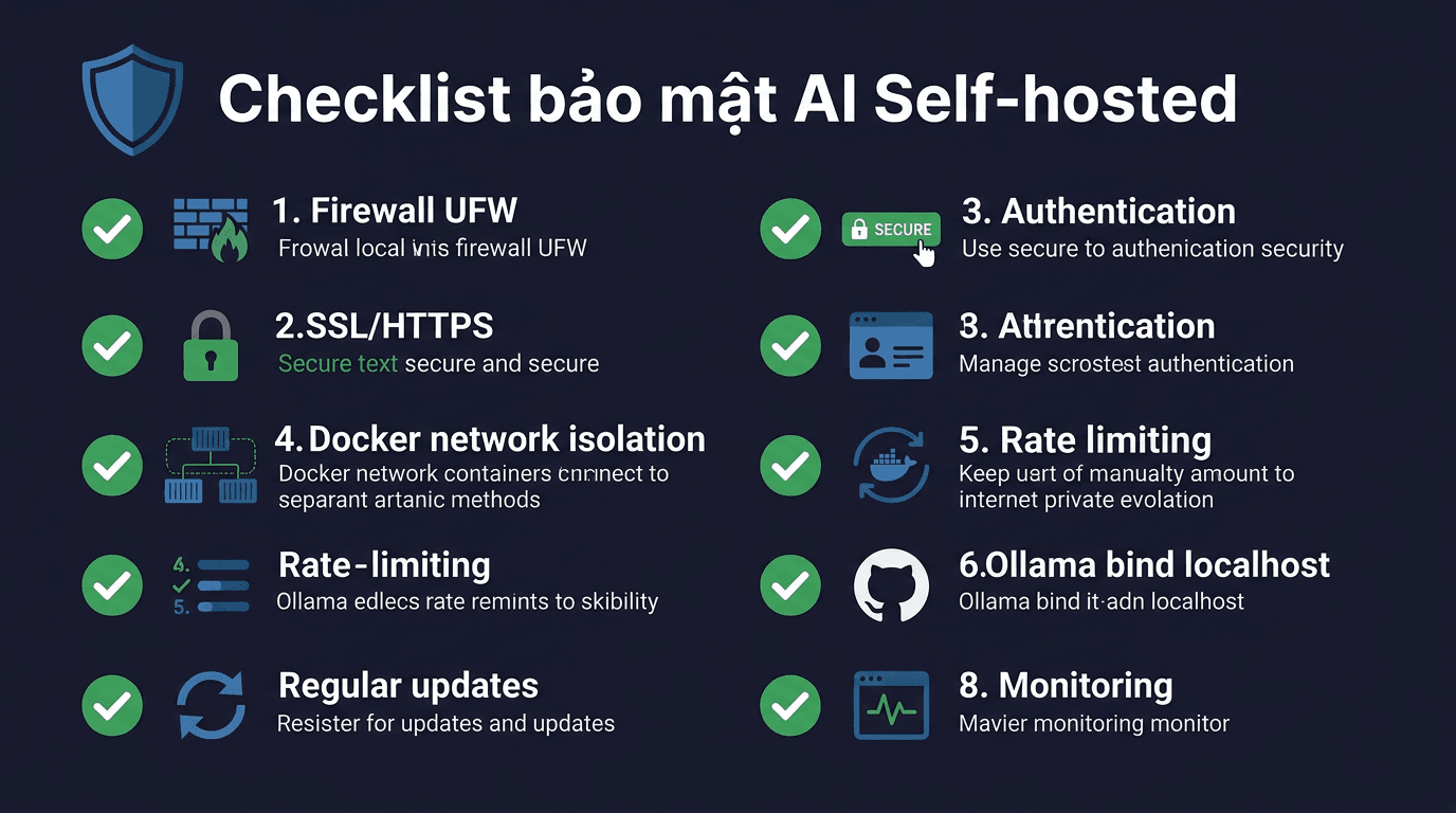 Bảo mật AI self-hosted – SSL, Authentication và Firewall cho Ollama 3 Checklist bảo mật AI self-hosted