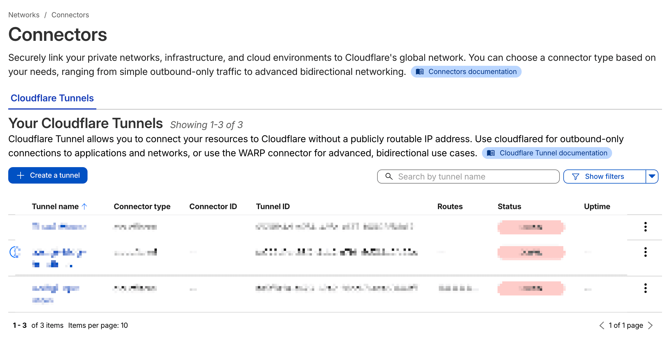 Cloudflare Tunnel: Truy cập máy tính ở nhà từ xa không cần mở port 2 Danh sách Cloudflare Tunnels trên dashboard