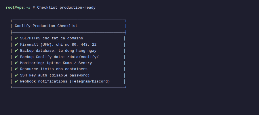 Coolify Production – Backup, bảo mật 3 Checklist production-ready