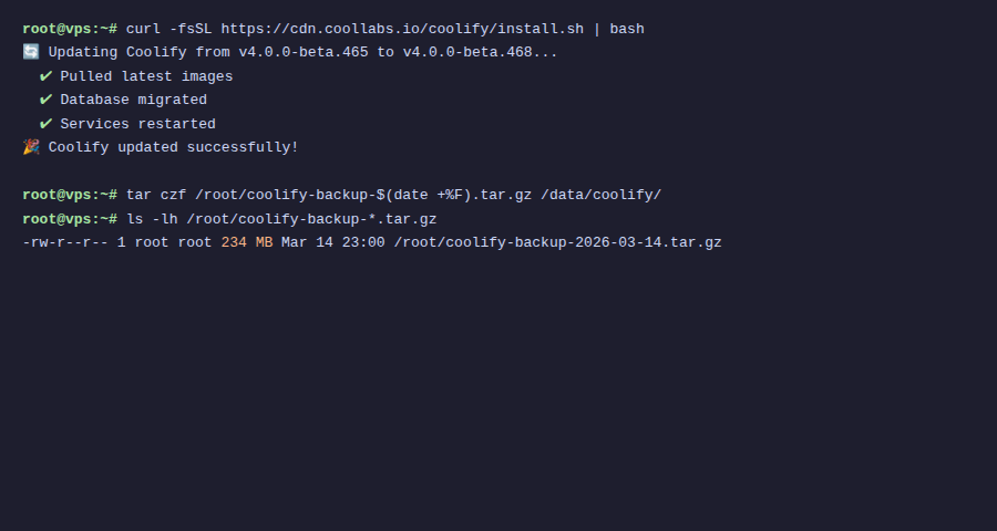 Coolify Production – Backup, bảo mật 2 Update và backup Coolify